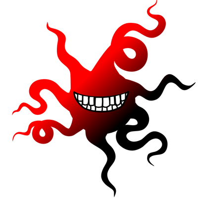 Red and black abstract creature, the evolved eyeless, with a wide smile.