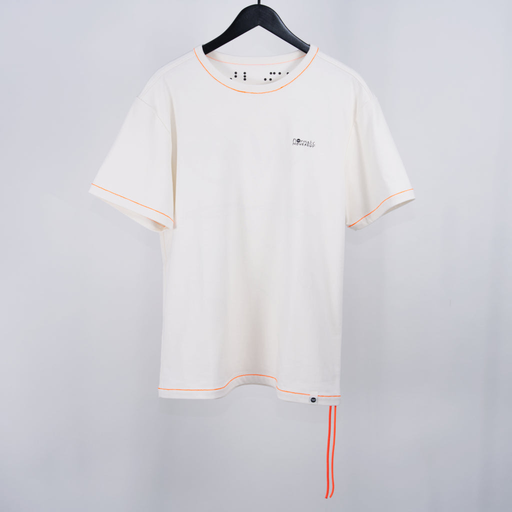 normal;c movement Blind Value Internal Hanging Thread T-Shirt with an orange hanging thread on the side, on a white background, hanging on black hanger.
