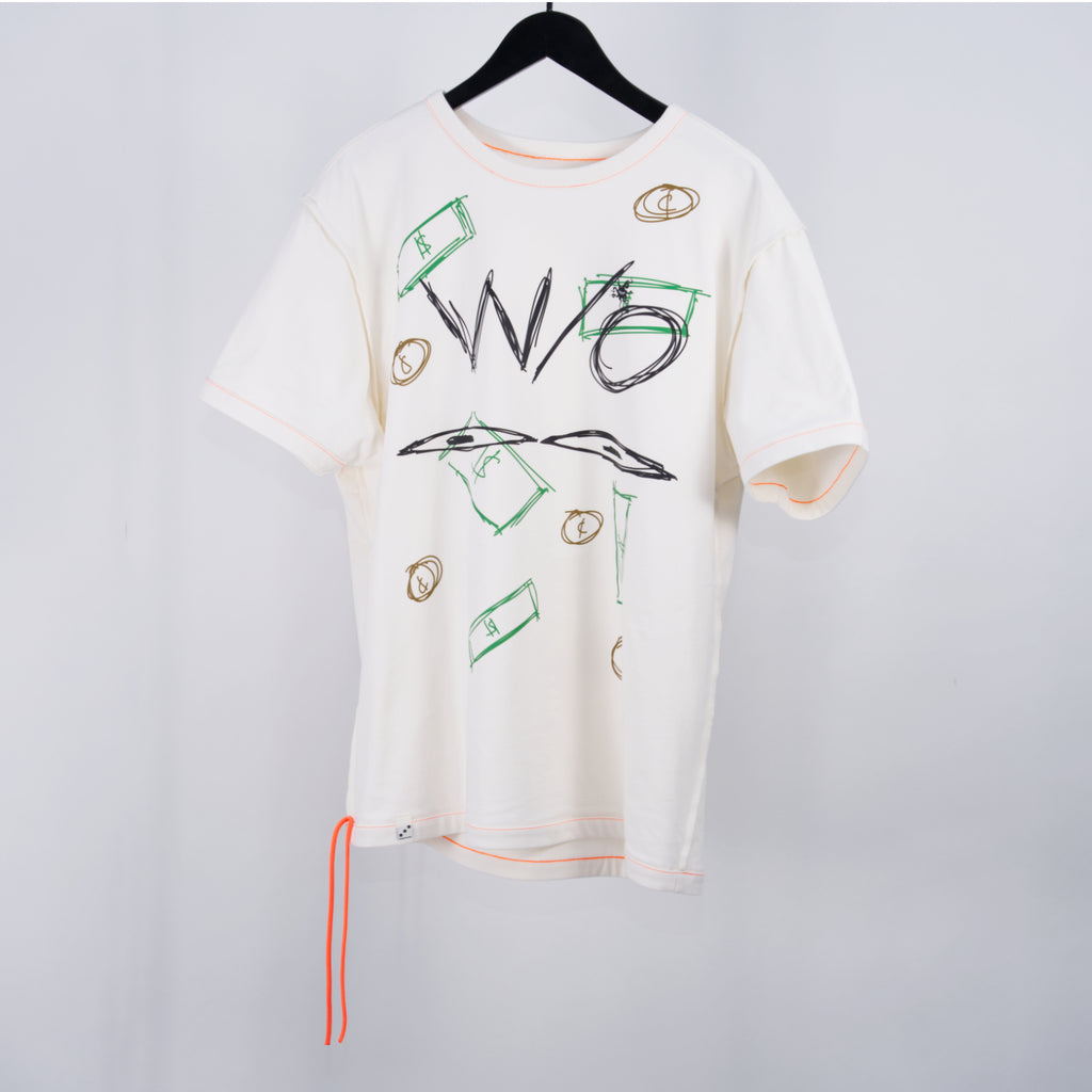 normal;c movement Blind Value Internal Hanging Thread T-Shirt featuring graphics and an orange hanging thread, on a white background and hanging from a black hanger.