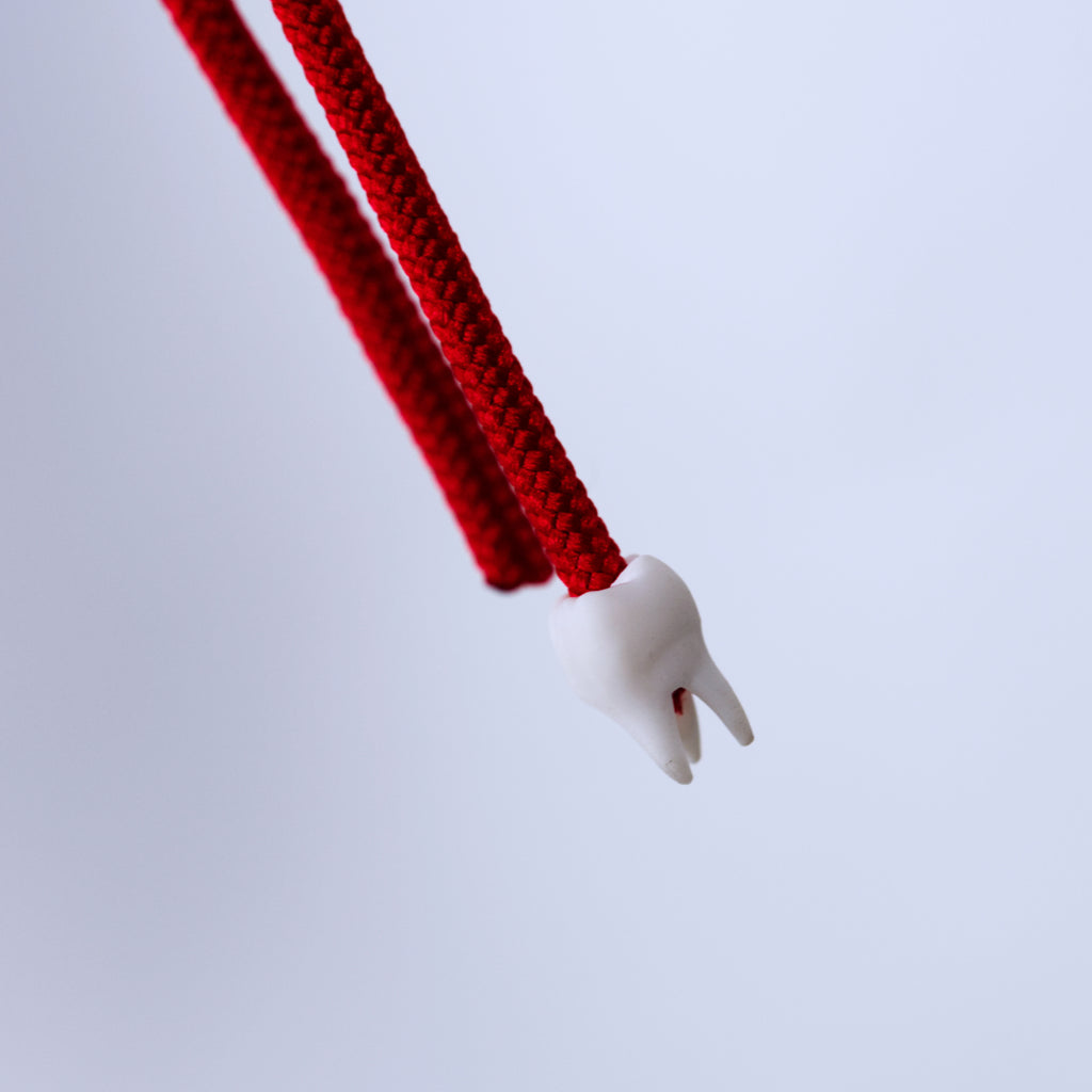 White tooth-shaped charm on a red threads against a light gray background