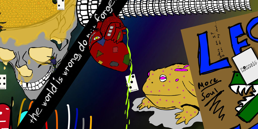 Surreal collage featuring a skull with exposed brain and dice, a dripping anatomical heart with a face, a yellow frog with pink spots, and a handwritten banner reading 'the world is wrong don't forget' — a layered streetwear design from normal;c Movement exploring chaos, identity, and emotional resistance.
